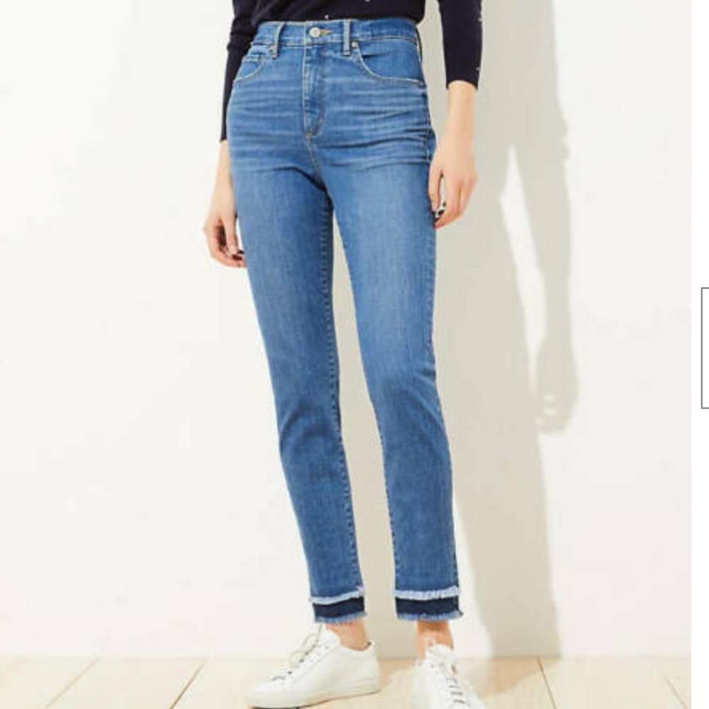 NWOT LOFT Petite High Rise Skinny Double Frayed Ankle Jeans 24